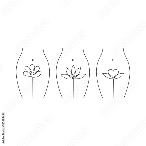 Intimate hygiene. Womans with flowers line silhouette. Body Care for spa salon, eco cosmetics vector icons in sketch style.