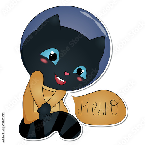 Sticker illustration. Cosmonaut cat, embarrassment emotions