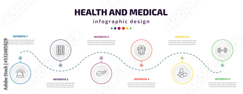 health and medical infographic element with icons and 6 step or option. health and medical icons such as emergency, contraceptive pills, pancreas, health care, antibiotics, exercise vector. can be