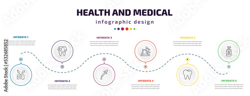 health and medical infographic element with icons and 6 step or option. health and medical icons such as bio, caries, pipette, treadmill, teeth, desinfectant vector. can be used for banner, info