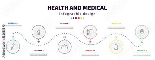 health and medical infographic element with icons and 6 step or option. health and medical icons such as dental drill, body, lung, yoga mat, condom, salt vector. can be used for banner, info graph,