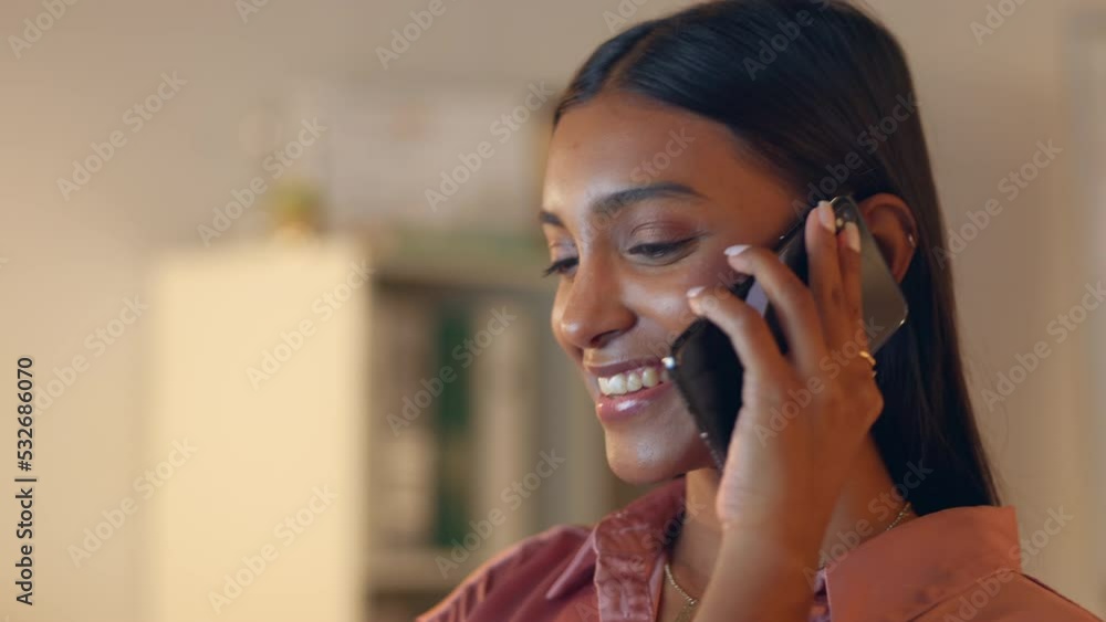 Business woman, phone call and networking at night talking about strategy, marketing plan and startup proposal with investors on smartphone. Indian employee laughing and smiling during a conversation Business woman, phone call and networking at night talking about strategy, marketing plan and startup proposal with investors on smartphone. Indian employee laughing and smiling during a conversation