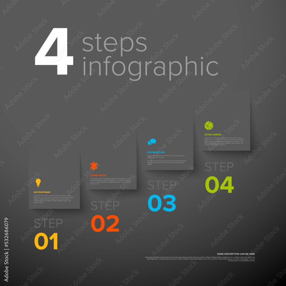 Four simple folded paper steps process infographic template on dark background