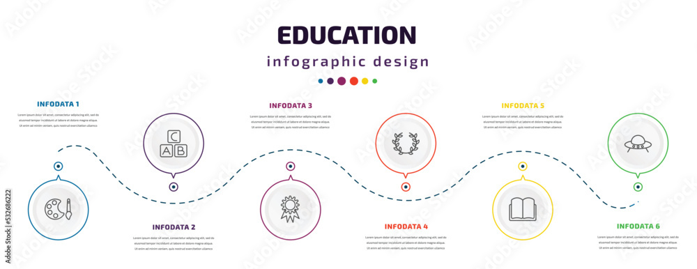 education infographic element with icons and 6 step or option. education icons such as paint palette, alphabet, merit, laurel wreath, open book black cover, ufo vector. can be used for banner, info