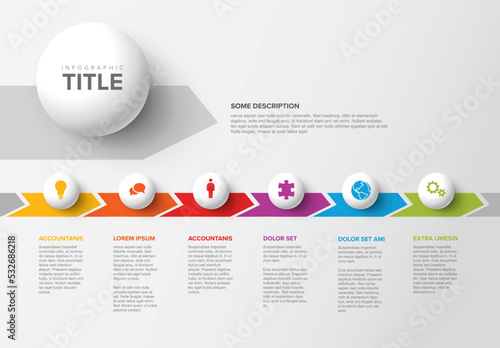 Six white sphere steps timeline process infographic