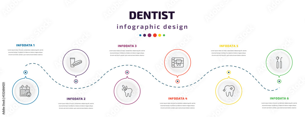 dentist infographic element with icons and 6 step or option. dentist icons such as dental appointment, dentures, sealants, radiograph, shiny tooth, dentist tools vector. can be used for banner, info dentist infographic element with icons and 6 step or option. dentist icons such as dental appointment, dentures, sealants, radiograph, shiny tooth, dentist tools vector. can be used for banner, info