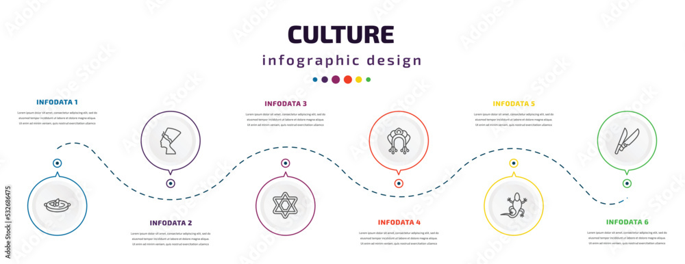 culture infographic element with icons and 6 step or option. culture icons such as crema catalana, nefertiti, david, kokoshnik, gecko top view shape, knife in sheath vector. can be used for banner,