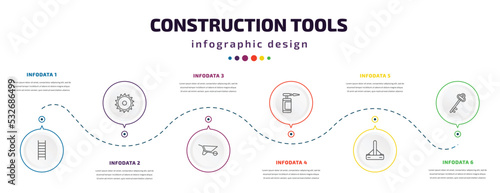 construction tools infographic element with icons and 6 step or option. construction tools icons such as ladder, blade saw, wheel barrow, blowtorch, bump cutter, antique key vector. can be used for