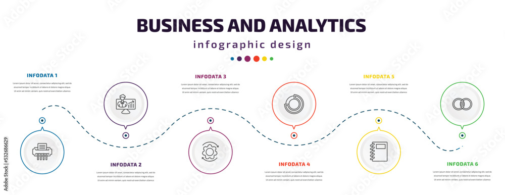 business and analytics infographic element with icons and 6 step or option. business and analytics icons such as shredder, user stats, synchronization, round value chart, workbook, merge charts