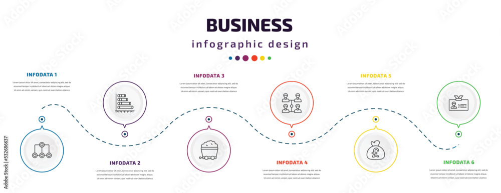 business infographic element with icons and 6 step or option. business icons such as item connections, horizontal bar chart, mining cart, increase team work, pounds money bag, club card vector. can