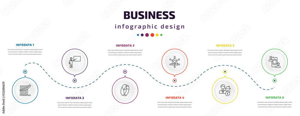 business infographic element with icons and 6 step or option. business icons such as measuring success, man presentation, quarter pie chart, multitasking woman, mortgage and man, rearrange vector. business infographic element with icons and 6 step or option. business icons such as measuring success, man presentation, quarter pie chart, multitasking woman, mortgage and man, rearrange vector.