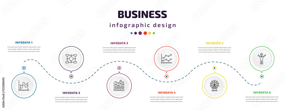 business infographic element with icons and 6 step or option. business icons such as smooth line chart, item interconnections, column chart, line chart statistics, ferris wheels, man success vector. business infographic element with icons and 6 step or option. business icons such as smooth line chart, item interconnections, column chart, line chart statistics, ferris wheels, man success vector.