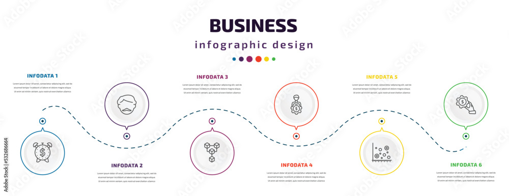 business infographic element with icons and 6 step or option. business icons such as dollar on business time, man with moustach, connection box chart, man with money gears, scatter chart, hand money business infographic element with icons and 6 step or option. business icons such as dollar on business time, man with moustach, connection box chart, man with money gears, scatter chart, hand money
