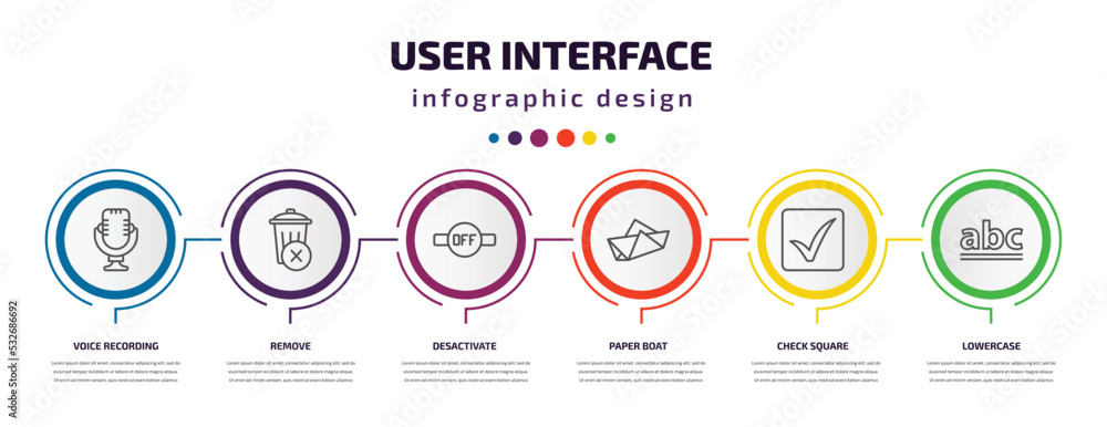 user interface infographic template with icons and 6 step or option. user interface icons such as voice recording, remove, desactivate, paper boat, check square, lowercase vector. can be used for user interface infographic template with icons and 6 step or option. user interface icons such as voice recording, remove, desactivate, paper boat, check square, lowercase vector. can be used for