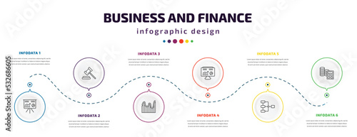 business and finance infographic element with icons and 6 step or option. business and finance icons such as stellar, trial hammer, wave chart, hash rate, data analytics flow, spending vector. can