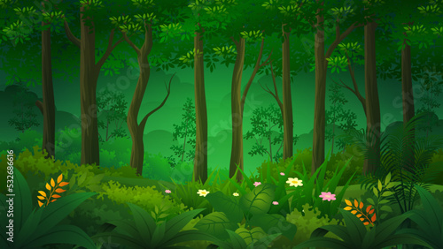 Wild jungle tropical forest nature landscape with green bushes, foliage and exotic plants