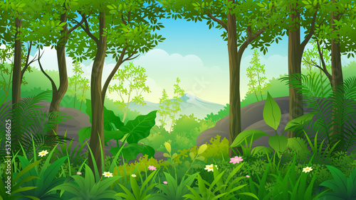 Beautiful dense of rain tropical forest nature landscape with green bushes, foliage and exotic plants