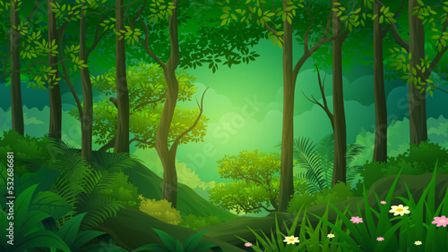 Wild dark jungle forest nature landscape with green jungle foliage and exotic plants