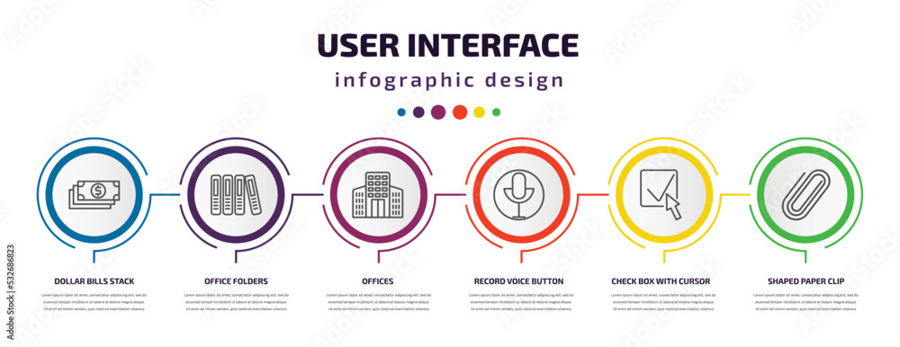 user interface infographic template with icons and 6 step or option. user interface icons such as dollar bills stack, office folders, offices, record voice button, check box with cursor, shaped user interface infographic template with icons and 6 step or option. user interface icons such as dollar bills stack, office folders, offices, record voice button, check box with cursor, shaped