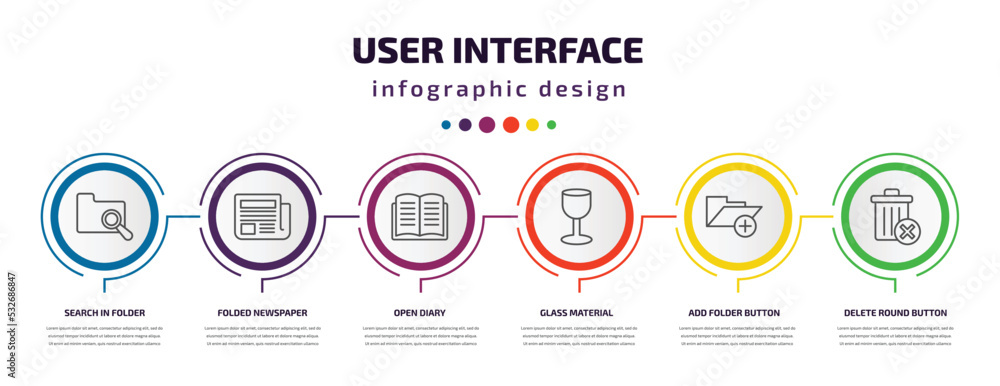 user interface infographic template with icons and 6 step or option. user interface icons such as search in folder, folded newspaper, open diary, glass material, add folder button, delete round