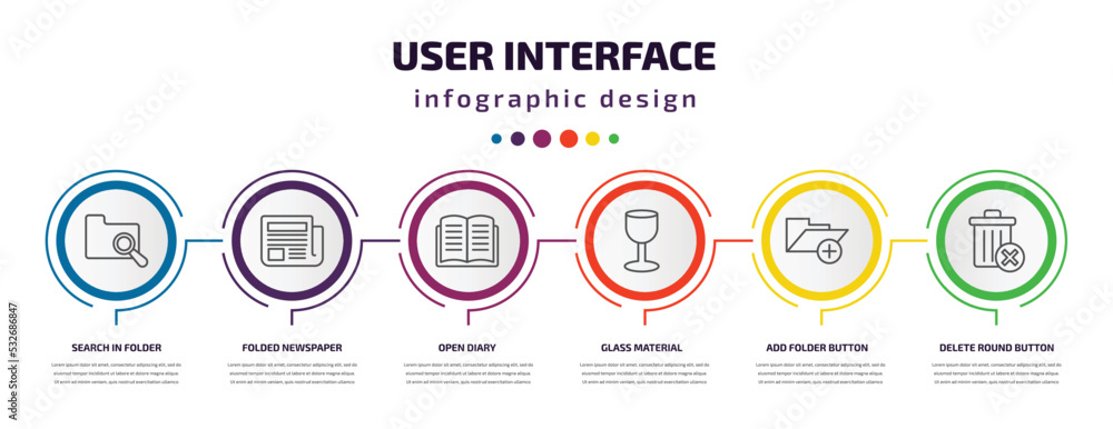 user interface infographic template with icons and 6 step or option. user interface icons such as search in folder, folded newspaper, open diary, glass material, add folder button, delete round user interface infographic template with icons and 6 step or option. user interface icons such as search in folder, folded newspaper, open diary, glass material, add folder button, delete round