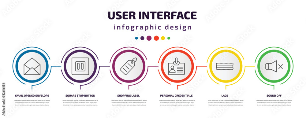 user interface infographic template with icons and 6 step or option. user interface icons such as email opened envelope, square stop button, shopping label, personal credentials, lace, sound off user interface infographic template with icons and 6 step or option. user interface icons such as email opened envelope, square stop button, shopping label, personal credentials, lace, sound off