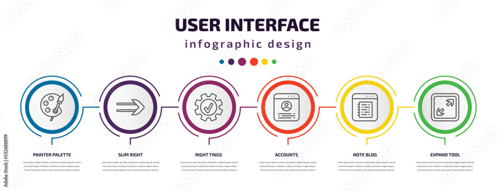 user interface infographic template with icons and 6 step or option. user interface icons such as painter palette, slim right, right tings, accounts, note blog, expand tool vector. can be used for user interface infographic template with icons and 6 step or option. user interface icons such as painter palette, slim right, right tings, accounts, note blog, expand tool vector. can be used for