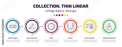 collection. thin linear infographic template with icons and 6 step or option. collection. thin linear icons such as battery loaded, pen writing a line, hours, magnet, unlock envelope, uploading from