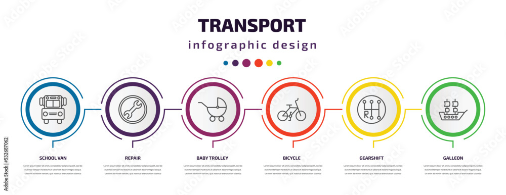 transport infographic template with icons and 6 step or option. transport icons such as school van, repair, baby trolley, bicycle, gearshift, galleon vector. can be used for banner, info graph, web, transport infographic template with icons and 6 step or option. transport icons such as school van, repair, baby trolley, bicycle, gearshift, galleon vector. can be used for banner, info graph, web,