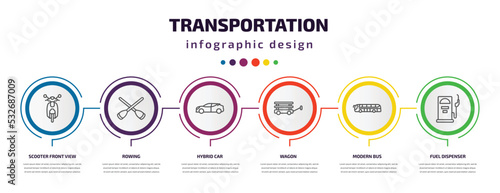 transportation infographic template with icons and 6 step or option. transportation icons such as scooter front view, rowing, hybrid car, wagon, modern bus, fuel dispenser vector. can be used for