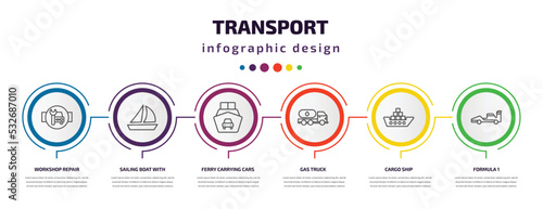 transport infographic template with icons and 6 step or option. transport icons such as workshop repair, sailing boat with veils, ferry carrying cars, gas truck, cargo ship, formula 1 vector. can be