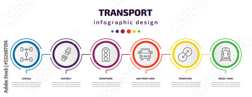 transport infographic template with icons and 6 step or option. transport icons such as chassis, seatbelt, semaphore, van front view, transition, diesel train vector. can be used for banner, info