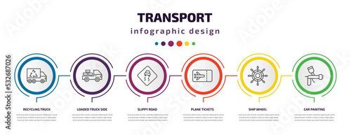 transport infographic template with icons and 6 step or option. transport icons such as recycling truck, loaded truck side view, slippy road, plane tickets, ship wheel, car painting vector. can be