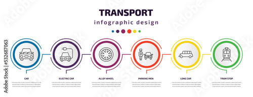transport infographic template with icons and 6 step or option. transport icons such as car, electric car, alloy wheel, parking men, long car, tram stop vector. can be used for banner, info graph,