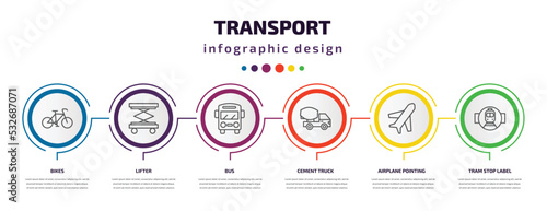 transport infographic template with icons and 6 step or option. transport icons such as bikes, lifter, bus, cement truck, airplane pointing up, tram stop label vector. can be used for banner, info