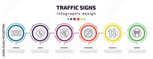 traffic signs infographic template with icons and 6 step or option. traffic signs icons such as crossing, curves, no insects, lovemaking, two ways, barrier vector. can be used for banner, info