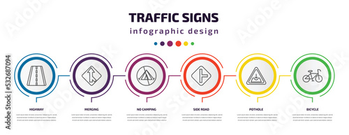 traffic signs infographic template with icons and 6 step or option. traffic signs icons such as highway, merging, no camping, side road, pothole, bicycle vector. can be used for banner, info graph,