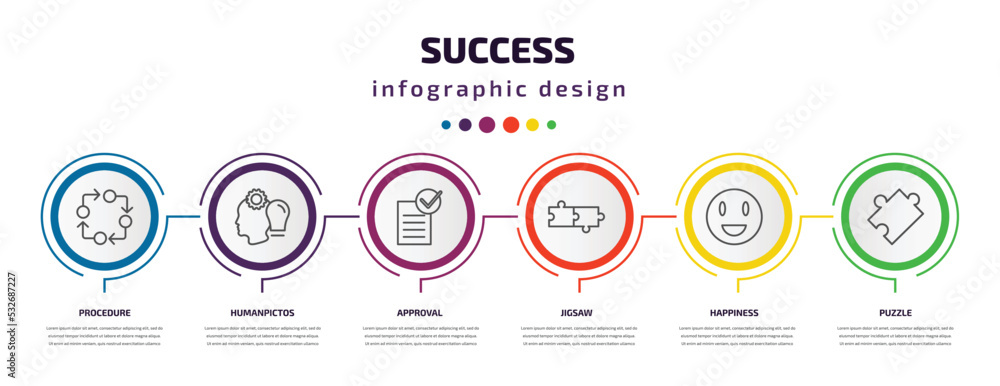 success infographic template with icons and 6 step or option. success icons such as procedure, humanpictos, approval, jigsaw, happiness, puzzle vector. can be used for banner, info graph, web, success infographic template with icons and 6 step or option. success icons such as procedure, humanpictos, approval, jigsaw, happiness, puzzle vector. can be used for banner, info graph, web,
