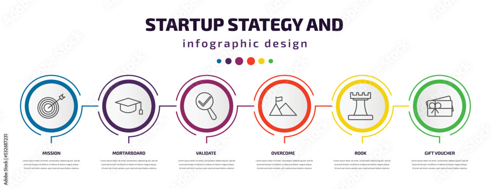 startup stategy and infographic template with icons and 6 step or option. startup stategy and icons such as mission, mortarboard, validate, overcome, rook, gift voucher vector. can be used for startup stategy and infographic template with icons and 6 step or option. startup stategy and icons such as mission, mortarboard, validate, overcome, rook, gift voucher vector. can be used for
