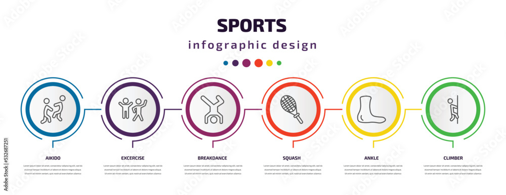 sports infographic template with icons and 6 step or option. sports icons such as aikido, excercise, breakdance, squash, ankle, climber vector. can be used for banner, info graph, web, sports infographic template with icons and 6 step or option. sports icons such as aikido, excercise, breakdance, squash, ankle, climber vector. can be used for banner, info graph, web,