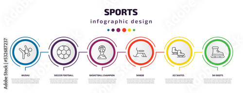 sports infographic template with icons and 6 step or option. sports icons such as wushu, soccer football ball, basketball champion, skibob, ice skates, ski boots vector. can be used for banner, info
