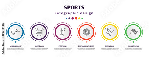 sports infographic template with icons and 6 step or option. sports icons such as baseball helmet, chest guard, stretching, dartboard with dart, taekwondo, chequered flag vector. can be used for