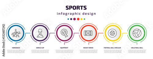 sports infographic template with icons and 6 step or option. sports icons such as horseback, world cup, equipment, hockey arena, football ball circular, volleyball ball vector. can be used for