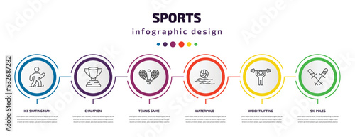 sports infographic template with icons and 6 step or option. sports icons such as ice skating man, champion, tennis game, waterpolo, weight lifting, ski poles vector. can be used for banner, info