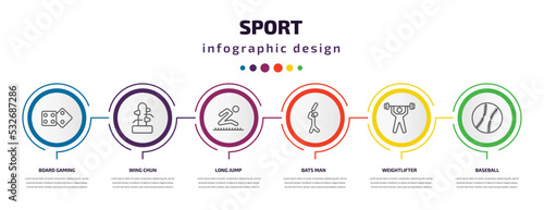 sport infographic template with icons and 6 step or option. sport icons such as board gaming, wing chun, long jump, bats man, weightlifter, baseball vector. can be used for banner, info graph, web,