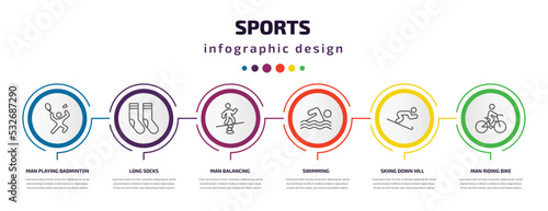 sports infographic template with icons and 6 step or option. sports icons such as man playing badminton, long socks, man balancing, swimming, skiing down hill, man riding bike vector. can be used