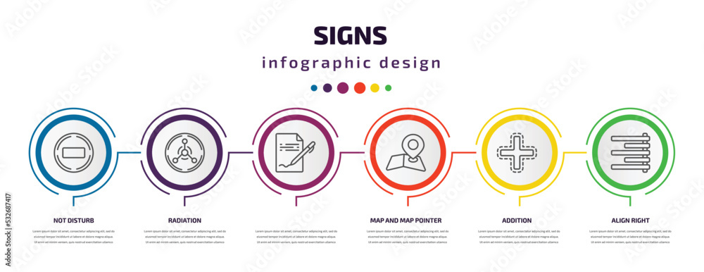 signs infographic template with icons and 6 step or option. signs icons such as not disturb, radiation, , map and map pointer, addition, align right vector. can be used for banner, info graph, web, signs infographic template with icons and 6 step or option. signs icons such as not disturb, radiation, , map and map pointer, addition, align right vector. can be used for banner, info graph, web,