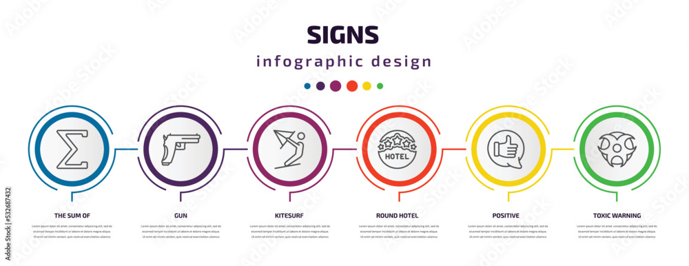 signs infographic template with icons and 6 step or option. signs icons such as the sum of, gun, kitesurf, round hotel, positive, toxic warning vector. can be used for banner, info graph, web, signs infographic template with icons and 6 step or option. signs icons such as the sum of, gun, kitesurf, round hotel, positive, toxic warning vector. can be used for banner, info graph, web,