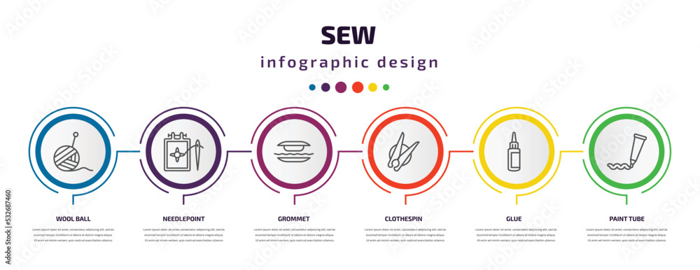 sew infographic template with icons and 6 step or option. sew icons such as wool ball, needlepoint, grommet, clothespin, glue, paint tube vector. can be used for banner, info graph, web, sew infographic template with icons and 6 step or option. sew icons such as wool ball, needlepoint, grommet, clothespin, glue, paint tube vector. can be used for banner, info graph, web,