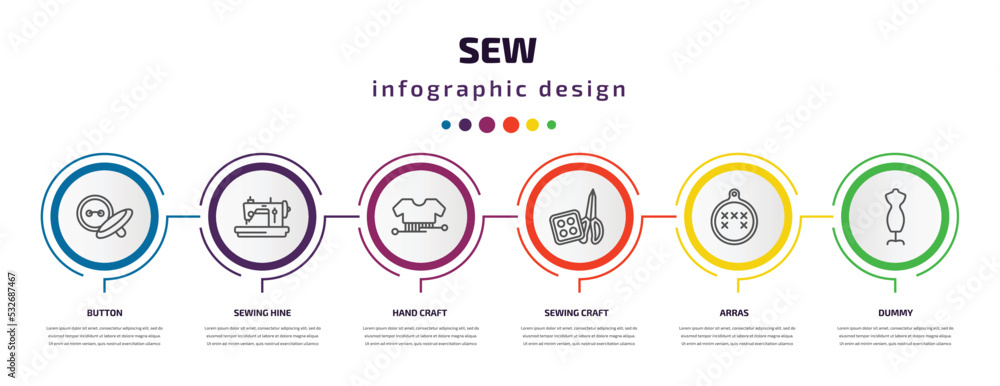sew infographic template with icons and 6 step or option. sew icons such as button, sewing hine, hand craft, sewing craft, arras, dummy vector. can be used for banner, info graph, web, sew infographic template with icons and 6 step or option. sew icons such as button, sewing hine, hand craft, sewing craft, arras, dummy vector. can be used for banner, info graph, web,